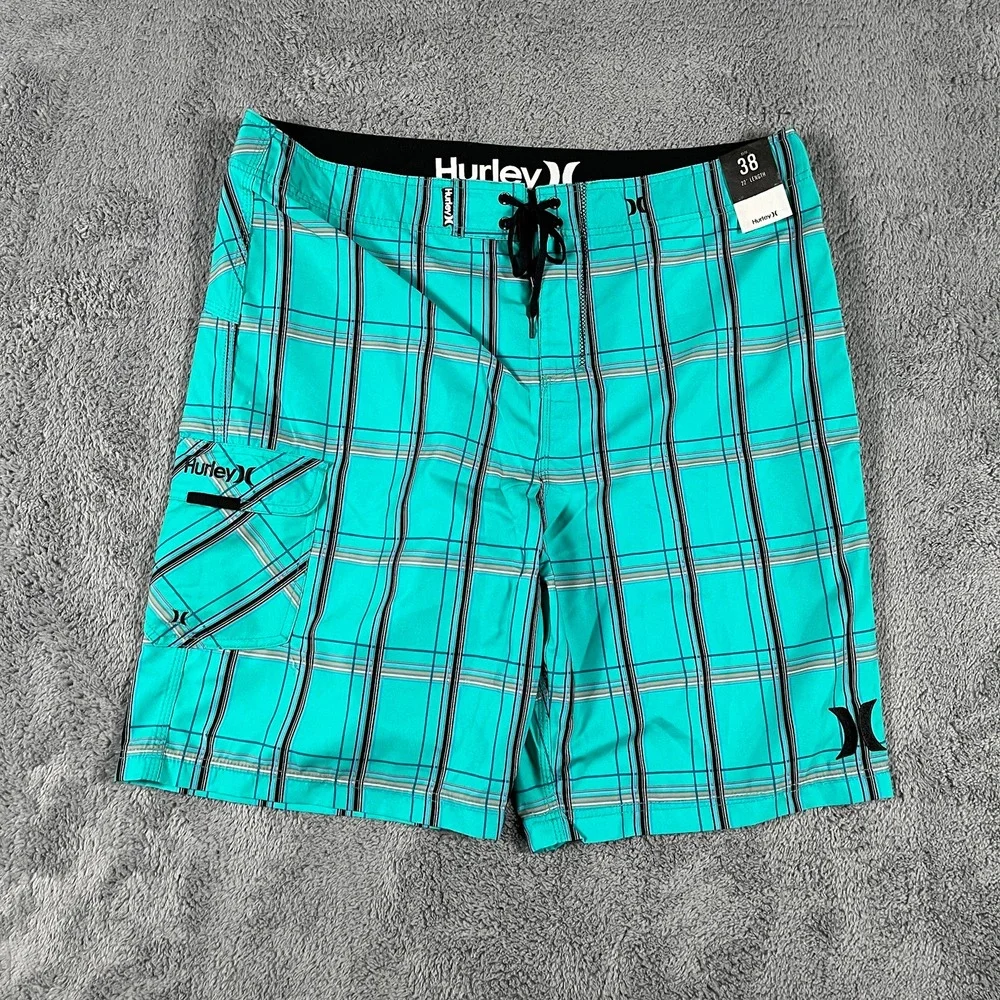 Hurley Board Shorts Mens 38 Teal Plaid 22 in Swim Trunks Drawstring